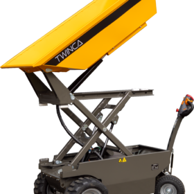 Bærekraftige Twinca Dumper E-800. Med Twinca`s E-800 får du en 100 % elektrisk drevet motor med lastekapasitet på hele 800 kg. Ideelt for større byggeprosjekter.