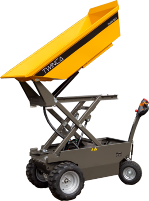 Bærekraftige Twinca Dumper E-800. Med Twinca`s E-800 får du en 100 % elektrisk drevet motor med lastekapasitet på hele 800 kg. Ideelt for større byggeprosjekter.