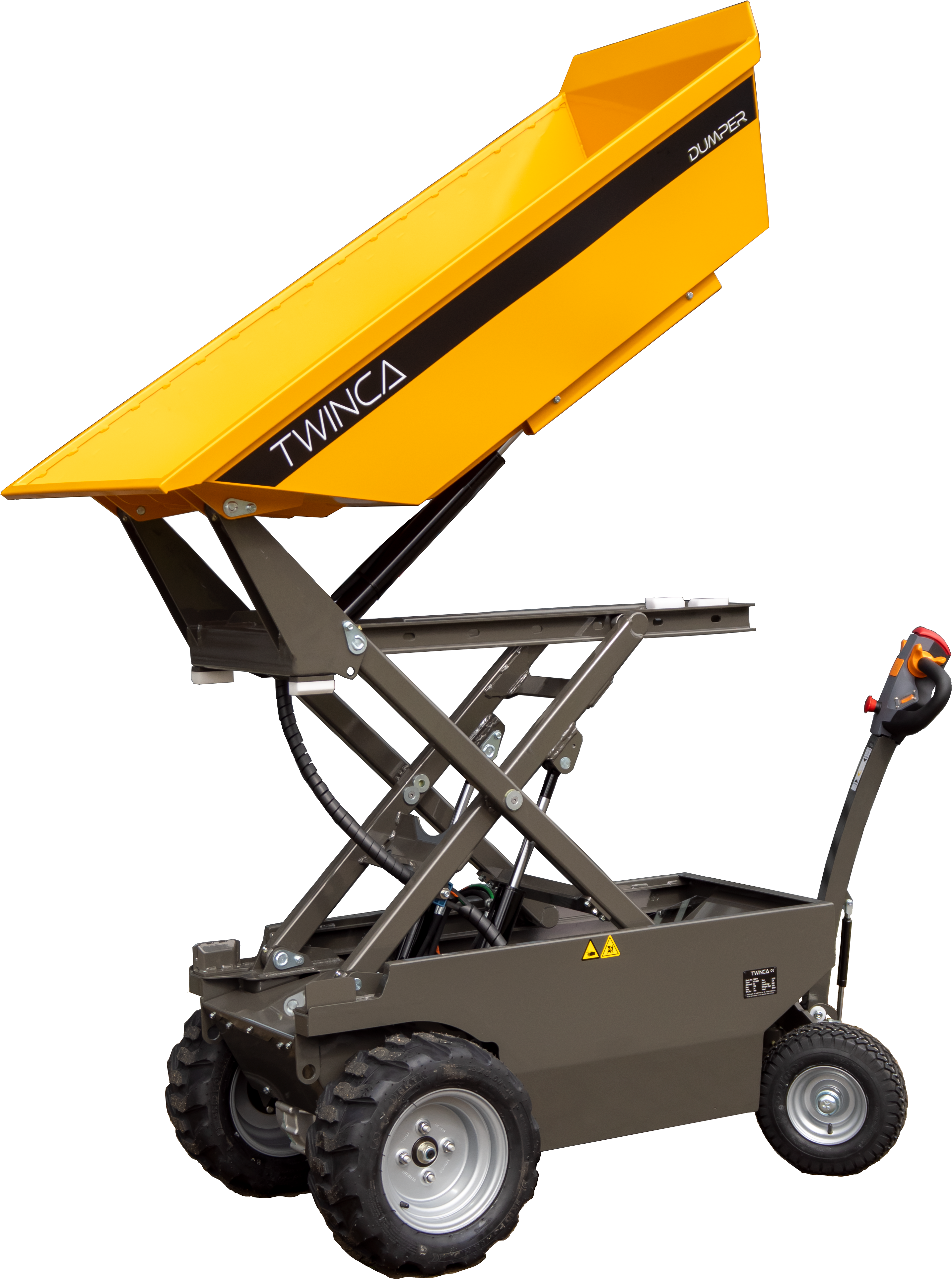 Bærekraftige Twinca Dumper E-800. Med Twinca`s E-800 får du en 100 % elektrisk drevet motor med lastekapasitet på hele 800 kg. Ideelt for større byggeprosjekter.