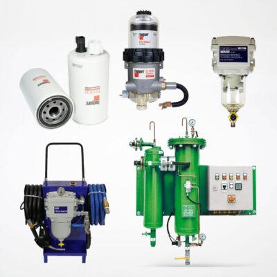Brennstoffilter for dieselmotorer. Dieselfilter med vannutskiller. Filtertralle for rensing av diesel. Automatiske renseanlegg for diesel.